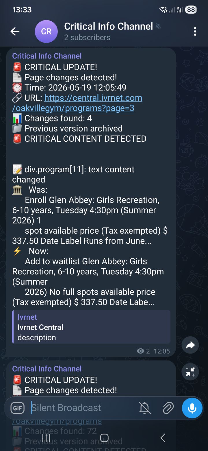 Telegram notification example showing gymnastics program change detection
